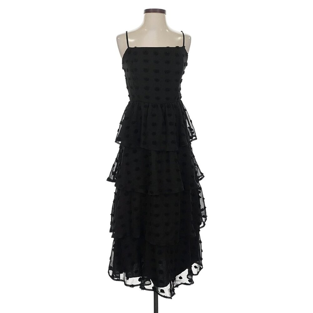 Francesca's (Mi Ami) Women's Black Tiered Chiffon Polka Dot Midi Dress ~ size S